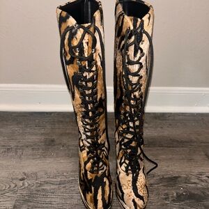 Vintage Leopard Print Lace-Up Knee-High Boots